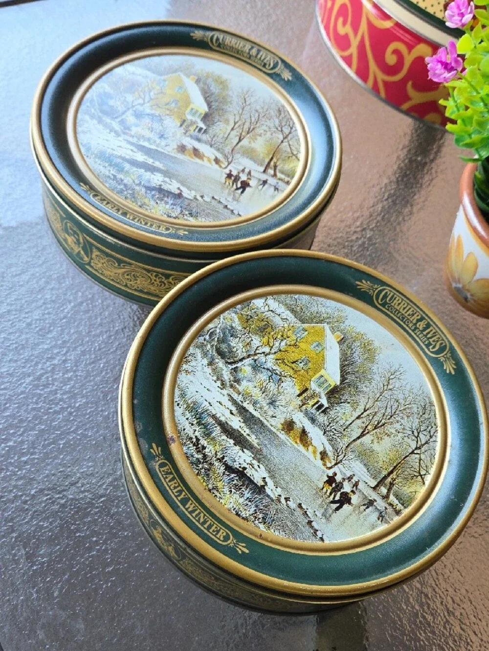 2 Vintage Courier & Ives Decorative Collector Tin Pair - Early Winter ☆ 2 Each